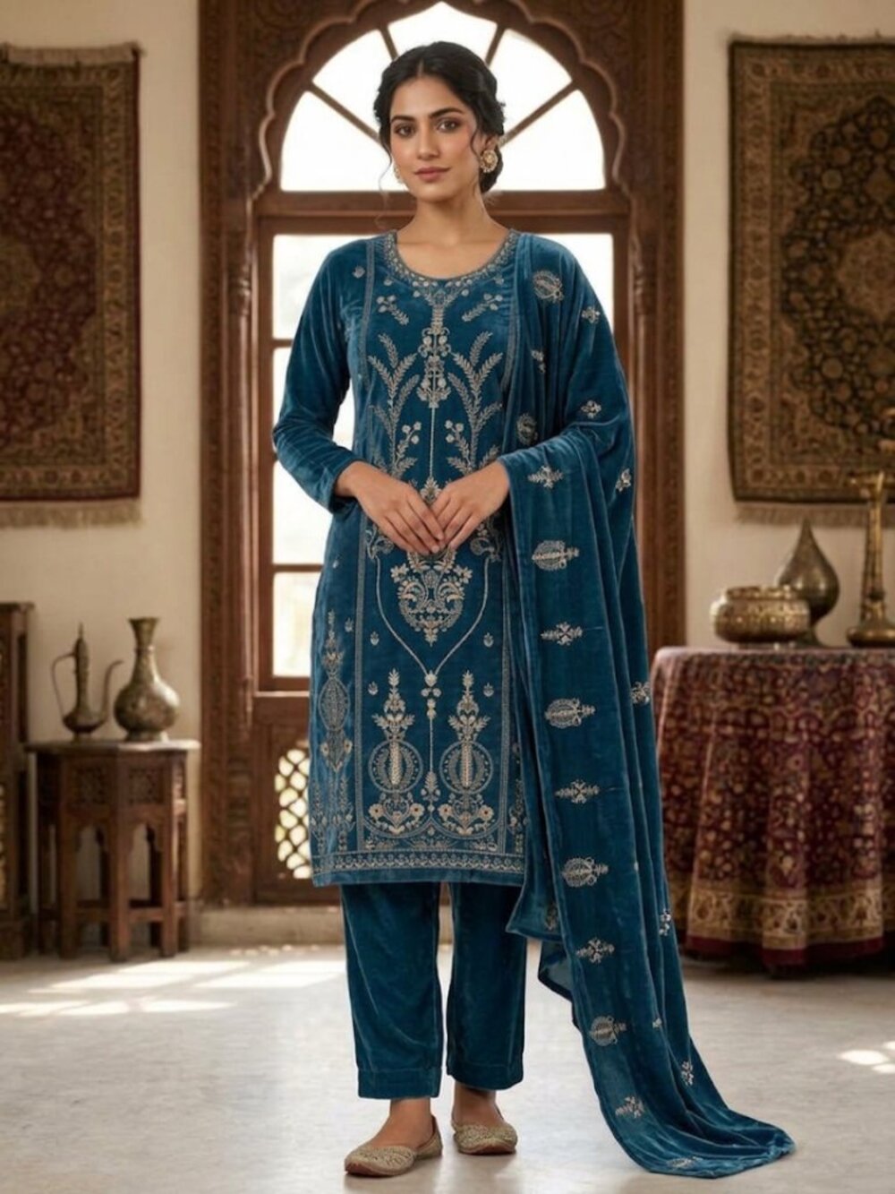 Women's Elegant Velvet 3-Piece Embroidered Kurta Set With Long Sleeve Tunic Trou